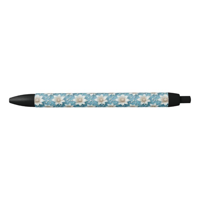 Elegant White Flower Pattern With Pearls Black Ink Pen (Front)
