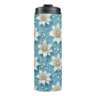 Elegant White Flower Pattern With Pearls Thermal Tumbler