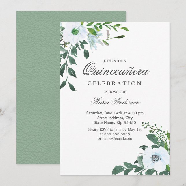 Elegant White Flower Quinceanera Party Invite (Front/Back)
