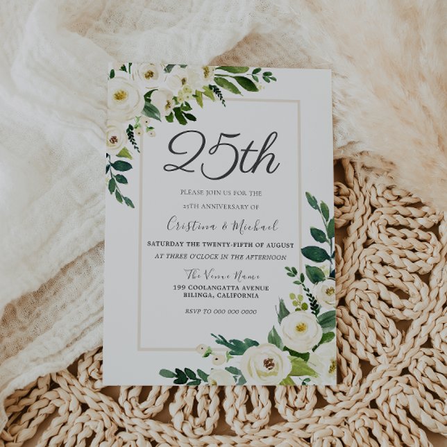 Elegant White Flowers 25th Wedding Anniversary Invitation (Creator Uploaded)