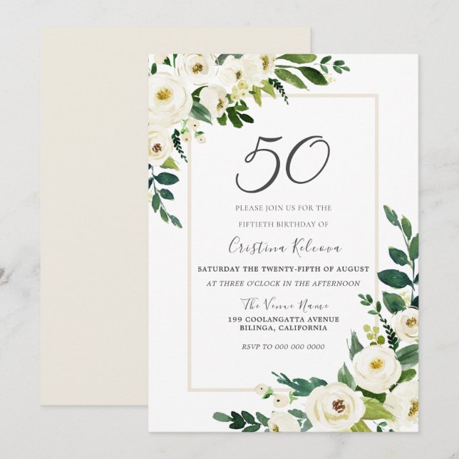 Elegant White Flowers 50th Birthday Party Invitation (Front/Back)