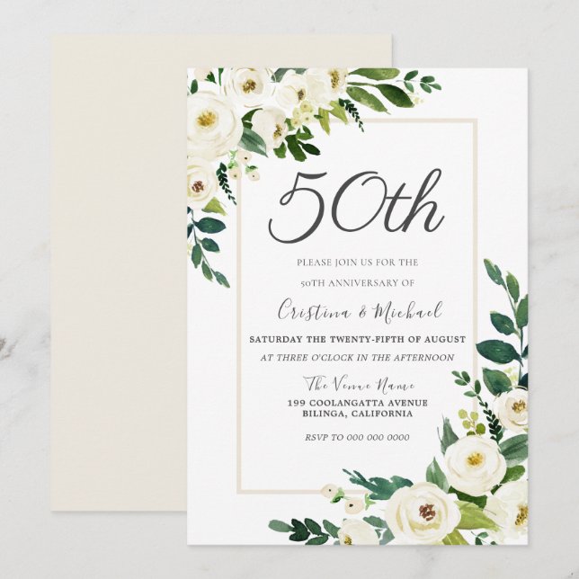 Elegant White Flowers 50th Wedding Anniversary Invitation (Front/Back)