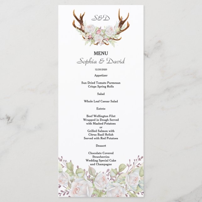 Elegant White Flowers Antlers Monogram Menu (Front)