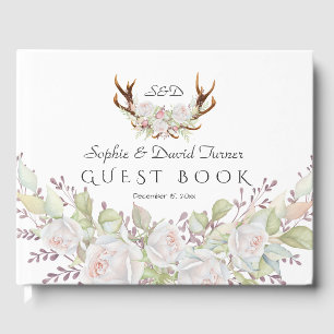 Elegant White Flowers Antlers Monogram Wedding Guest Book