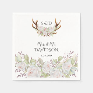 Elegant White Flowers Antlers Monogram Wedding Napkin