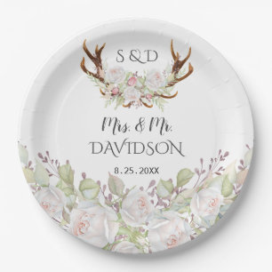 Elegant White Flowers Antlers Monogram Wedding Paper Plate