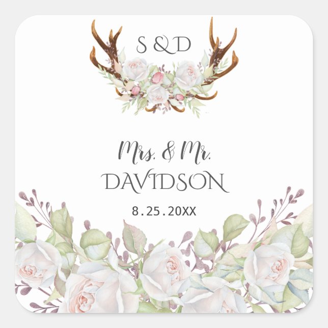 Elegant White Flowers Antlers Monogram Wedding Square Sticker (Front)