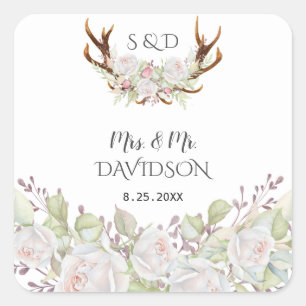 Elegant White Flowers Antlers Monogram Wedding Square Sticker