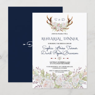 Elegant White Flowers Antlers Rehearsal Dinner Invitation