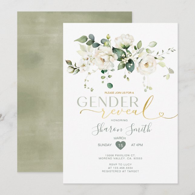 Elegant White Flowers Boy or Girl Gender Reveal Invitation (Front/Back)