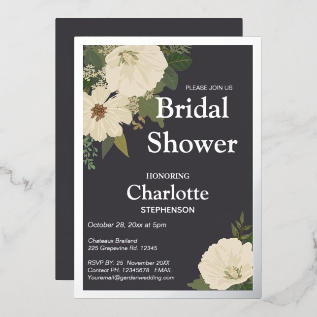 Elegant White Flowers Bridal Shower Charcoal  Foil (Front/Back)