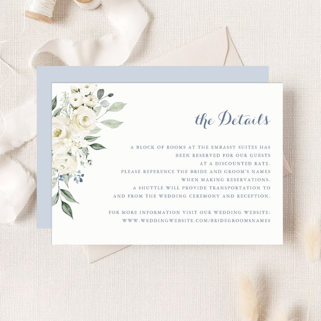 Elegant White Flowers Dusty Blue Wedding Details Invitation (Creator Uploaded)