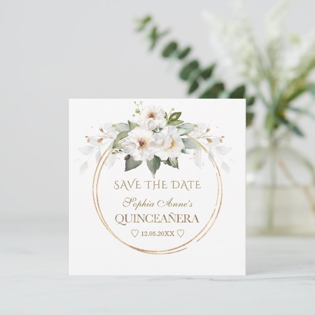Elegant White Flowers Gold Birthday Quinceañera Save The Date (Standing Front)