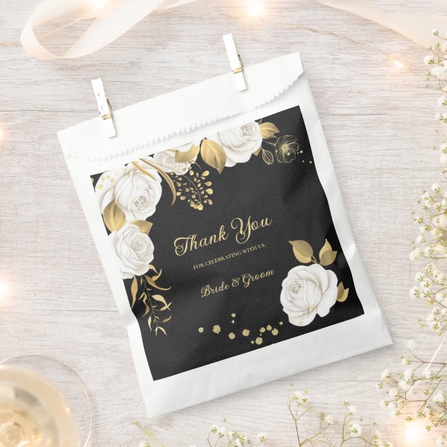 Elegant white flowers gold black wedding favour bags (Clipped)
