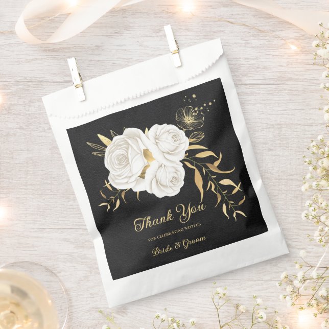 Elegant white flowers gold black wedding favour bags (Clipped)