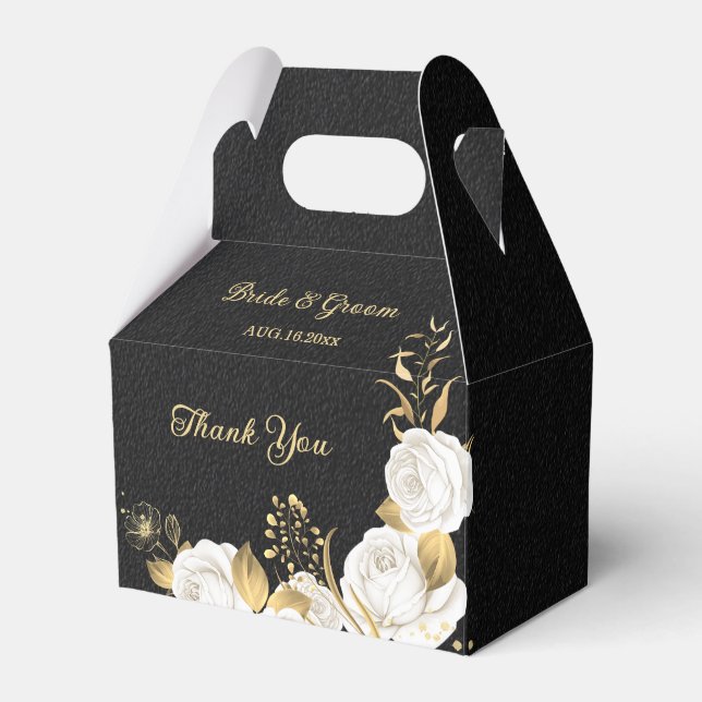 Elegant white flowers gold black wedding favour box (Front Side)