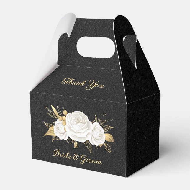 Elegant white flowers gold black wedding favour box (Front Side)