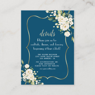 Elegant White Flowers Gold Blue Wedding Details Enclosure Card