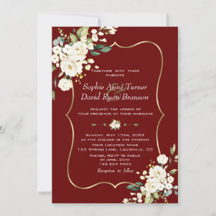 Elegant White Flowers Gold Burgundy Wedding Invitation
