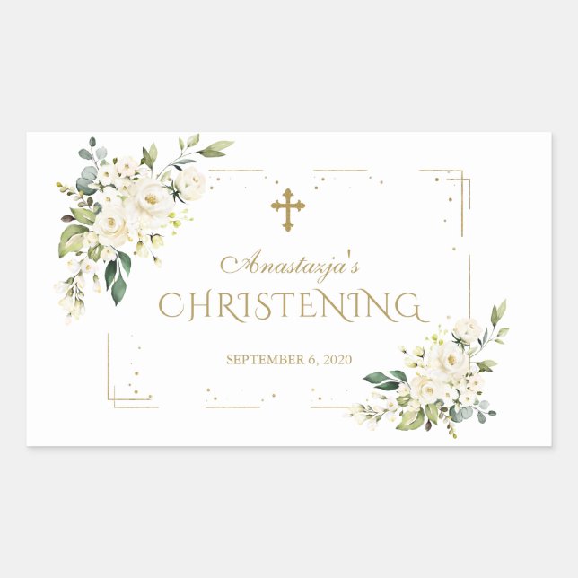 Elegant White Flowers Gold Confetti Christening Rectangular Sticker (Front)