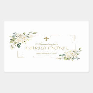 Elegant White Flowers Gold Confetti Christening Rectangular Sticker