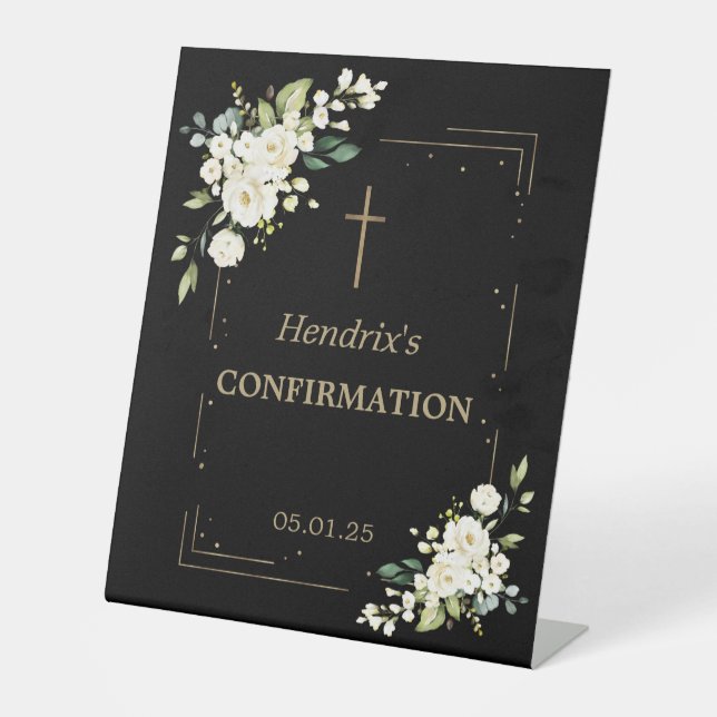 Elegant White Flowers Gold Confetti Confirmation Pedestal Sign (Front)