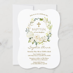 Elegant White Flowers Gold Cross Baptism Invitation