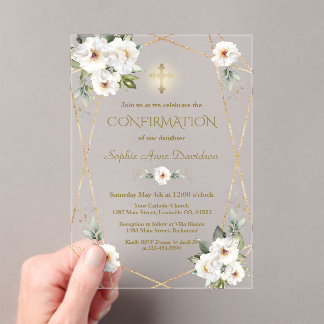 Elegant White Flowers Gold Cross Confirmation Acrylic Invitations