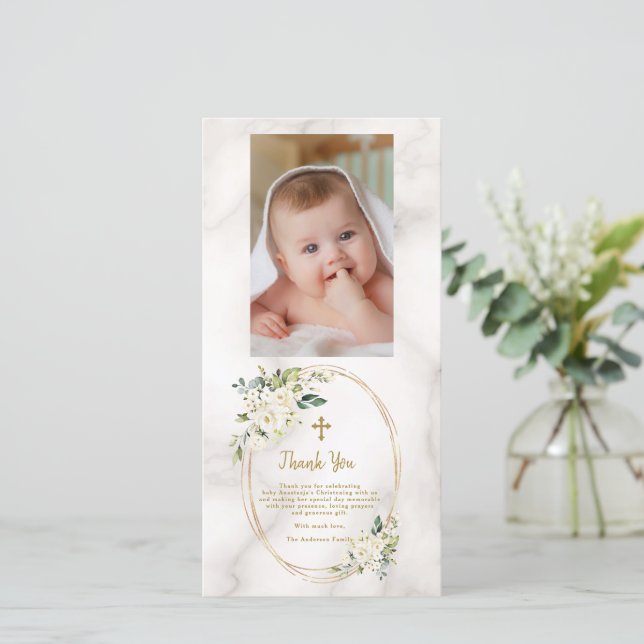 Elegant White Flowers Gold Cross Photo Christening Thank You Card (Standing Front)
