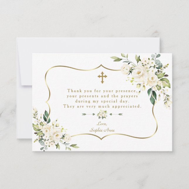 Elegant White Flowers Gold Frame Girl Baptism Thank You Card (Front)