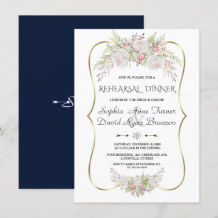 Elegant White Flowers Gold Frame Rehearsal Dinner Invitation