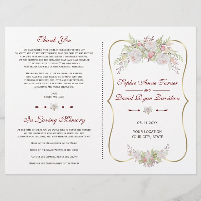 Elegant White Flowers Gold Frame Wedding Program (Front)