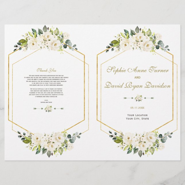 Elegant White Flowers Gold Frame Wedding Program Flyer (Front)