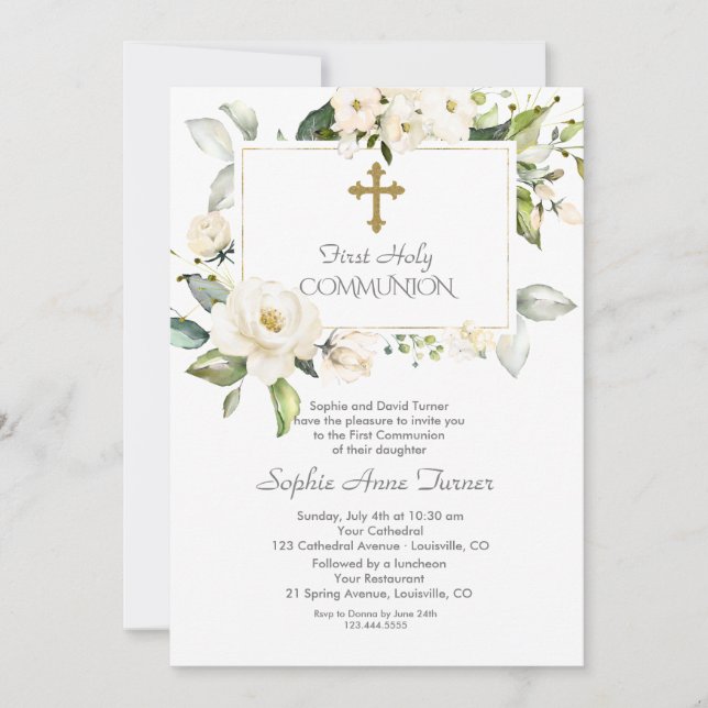 Elegant White Flowers Gold Girl Holy Communion Invitation (Front)