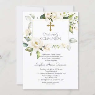 Elegant White Flowers Gold Girl Holy Communion Invitation