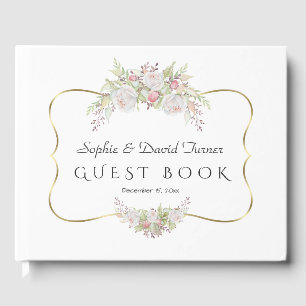 Elegant White Flowers Gold Navy Blue Wedding Guest Book
