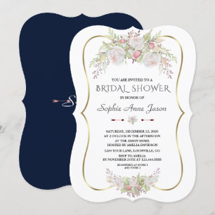 Elegant White Flowers Gold Navy Bridal Shower Invitation