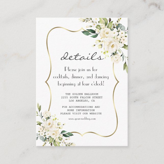 Elegant White Flowers Gold Navy Wedding Details Enclosure Card (Front)