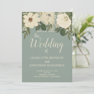 Elegant White Flowers Green Sage Wedding  Invitation