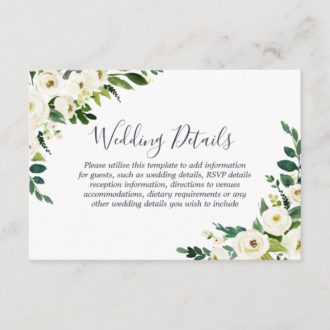 Elegant White Flowers Modern Wedding Reception Enclosure Card (Front)