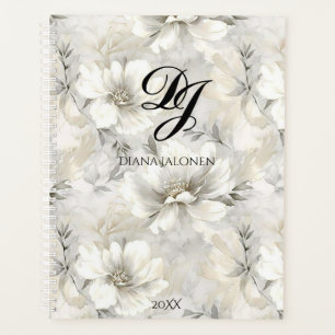 Elegant White Flowers Monogram Personalised Name Planner