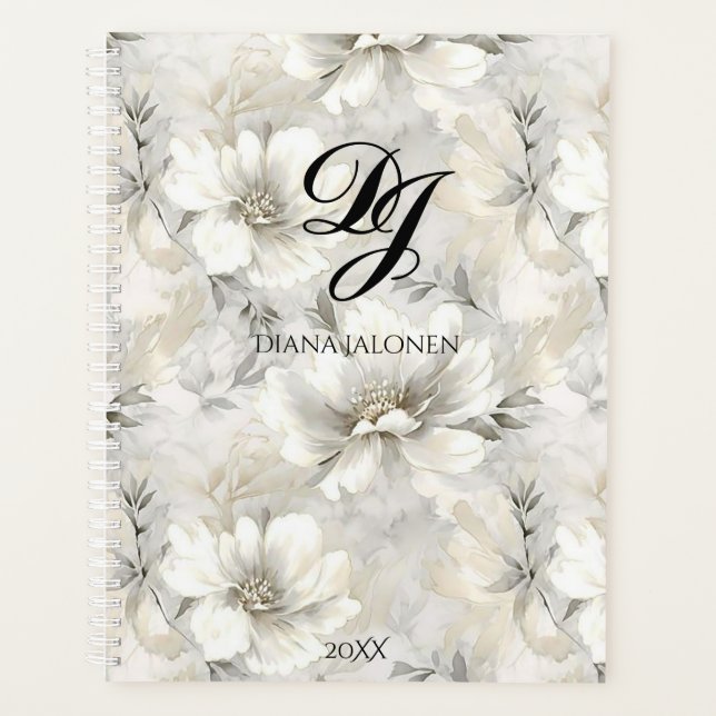 Elegant White Flowers Monogram Personalised Name Planner (Front)