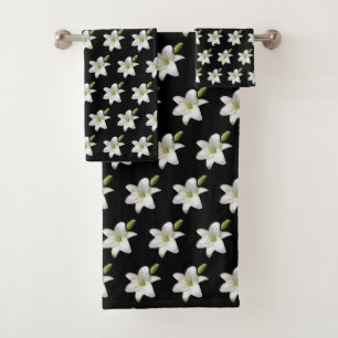 Elegant White Flowers on Black Bath Towel Set