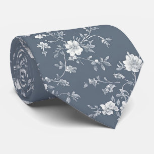 Elegant white flowers on blue neck tie
