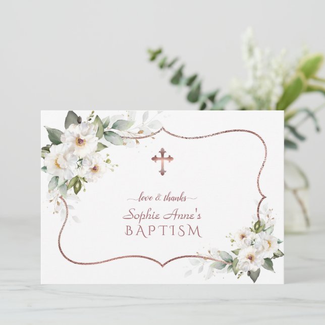 Elegant White Flowers Rose Gold Frame Baptism   Thank You Card (Standing Front)