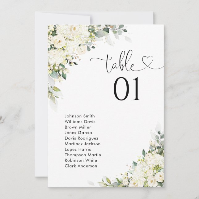 Elegant White Flowers Table Number Seating Chart (Front)