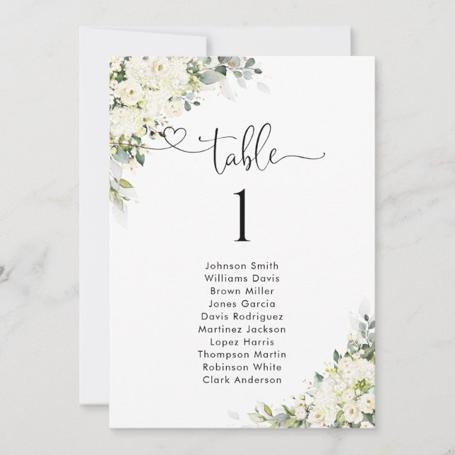 Elegant White Flowers Table Number Seating Chart (Front)