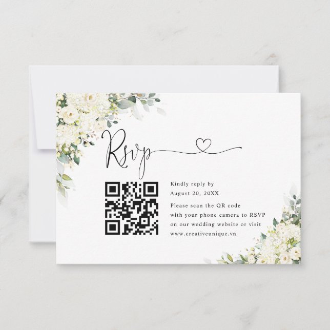 Elegant White Flowers Wedding Website QR Code RSVP Card (Front)