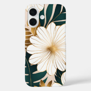 Elegant White Flowers with Green & Gold Foliage  iPhone 16 Case