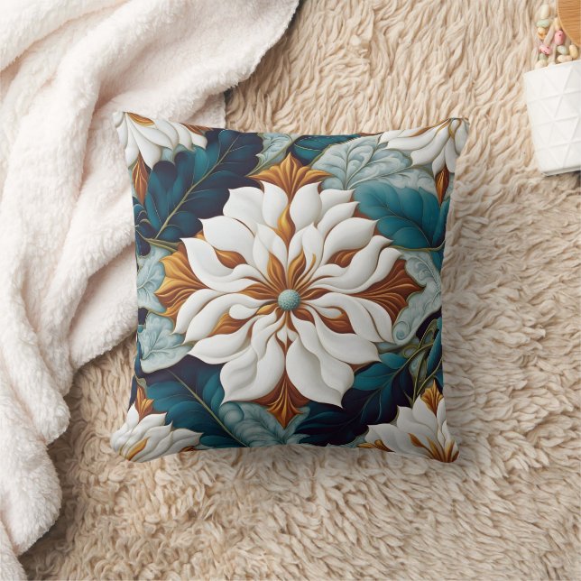 Elegant White Flowers With Teal Leaves in Bloom Cushion (Blanket)
